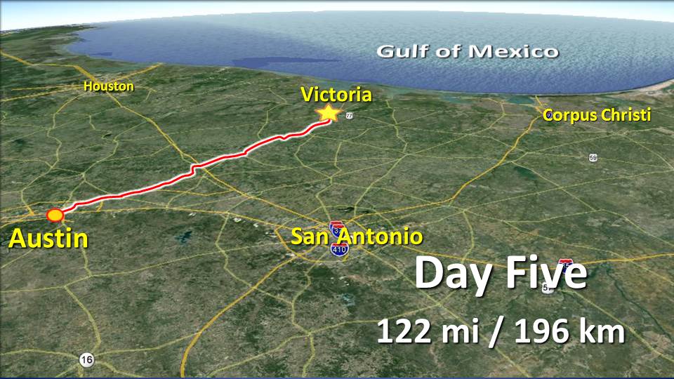 Day 5 – Austin to Victoria – 122mi / 196km by red bug