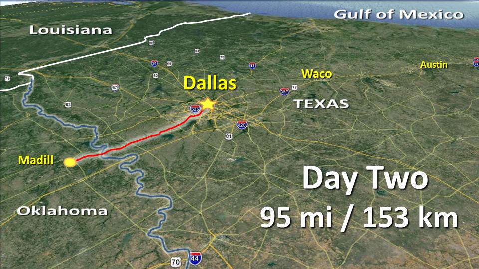 Day 2 – Madill OK to Dallas TX – 95mi / 153km